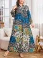 Abito lungo taglie forti a maniche lunghe con stampa patchwork geometrica floreale. - 0079