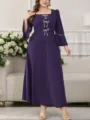 Abito lungo viola scuro taglia forte a maniche lunghe con fiocchi di perle e colletto quadrato. - 0071