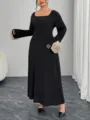 Abito lungo nero taglia forte a maniche lunghe con bellissimi polsini floreali eleganti. - 0078