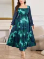 Vestito maxi floreale taglie forti con maniche lunghe e scollo quadrato, elegante e comodo. - 0089