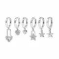 Set of 6 silver hoop earrings featuring heart and star charms with sparkling cubic zirconia details. - Silver Set (TZ00615)