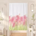 Pink reed pattern fabric door curtain for room partition, fresh style home decor. - Width 65x70cm Default Half Open with Magnets / Internet Celebrity Grass Cotton Linen with Telescopic Rod