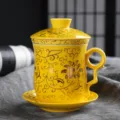 Dehua ceramic office tea cup set with lid and filter yellow vintage floral design for home - 401-500ml / Ceramic Four-Piece Cup (Golden Orchid Vine)