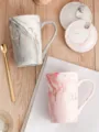Marble ceramic couple mug set with lid and spoon, elegant grey and pink coffee cups. - Mr/Mrs Color Box Single Cup / Pink