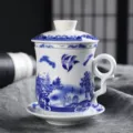 Blue and white ceramic tea cup with lid strainer and saucer for office use and daily brewing - 401-500ml / Ceramic Four-Piece Cup (Garden)
