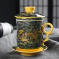 Chinesisches Keramik Teetasse Set mit Deckel und Sieb Büro Vier-Teilige Kung Fu Teetasse - 401-500ml / Keramik Vierteilige Tasse (Goldener Drache)