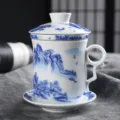 Dehua Keramik vierteiliges Teetassen Set mit Deckel Filter Untertasse blau weiße Landschaft - 401-500ml / Keramik Vierteilige Tasse (Landschaft)