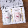 Coffret cadeau tasse céramique marbre avec couvercle cuillère, tasse café couple élégante. - Bord Doré Flamant Rose Coffret Cadeau Tasse Couple / Couleurs Mixtes