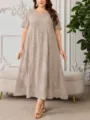 Plus size V-neck embroidered maxi dress short sleeve elegant casual wear for women - Light Gray Purple Embroidery