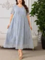 Light blue plus size embroidered V-neck short sleeve midi dress, elegant casual wear. - Light Blue Embroidered
