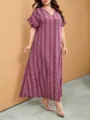 Plus size women's V-neck short sleeve maxi dress with elegant vertical geometric print style. - Burgundy Geometric