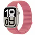 Primo piano del cinturino per orologio in nylon teso rosa con passanti e chiusura sicura. - Peonia