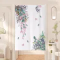 Fresh botanical door curtain, watercolor green leaves half curtain for bedroom kitchen. - 晴尔棉麻 送伸缩杆 / Customized Please Contact Customer Service