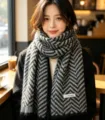 Sciarpa invernale in maglia a spina di pesce stile coreano da donna, calda nero grigio. - Grigio scuro