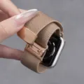 Gevlochten nylon horlogeband compatible met Apple Watch, roségouden gesp, beige. - Zelfgemeten: 18mm / Donkerroze