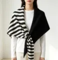 Wool-blend knit triangular scarf shawl for women, stylish black and white striped split design. - Striped Double Patchwork Shawl / Black and White