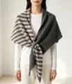 Women knitted triangle scarf shawl, striped and solid color splicing, warm autumn winter neck. - Striped Double Patchwork Shawl / Gray Camel