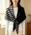 Knit triangle scarf shawl with black grey stripes design, warm autumn winter neck warmer accessory. - Striped Double Patchwork Shawl / Black and Gray