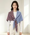 Knit triangular scarf for women, two-tone striped winter warm fashion knitted shawl wrap. - Striped Double Patchwork Shawl / Sky Blue Burgundy