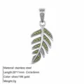 Stainless steel leaf pendant with green zirconia 20x11mm silver 18k gold tone jewelry item - Feather/Leaf Pendant / Silver