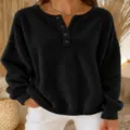 Mujer sudadera polar casual manga larga cuello Henley negro top caliente invierno - S / Tops / Negro