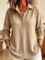 Women Waffle Knit Long Sleeve Polo Shirt Casual Fall Loose Pullover Top Beige Detail View - Khaki
