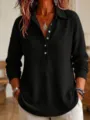 Women's waffle knit long sleeve henley shirt casual loose pullover top detail view. - Black