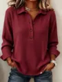 Top casual de manga larga de punto gofrado para mujer con cuello de solapa y botones. - S / Tops / Burdeos