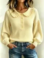 Women ruffled collar knit sweater detail, lantern sleeve pullover top in light yellow color. - Yellow