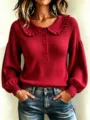 Women fall winter long sleeve ribbed knit sweater ruffled collar button casual top - Burgundy