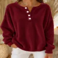 Women's Maroon Long Sleeve Fleece Henley Sweatshirt Casual Loose Warm Pullover Top - Burgundy