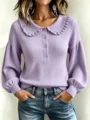 Purple knit sweater for women, cute ruffled collar long sleeve top, casual daily wear chic. - Light Purple