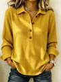 Women casual waffle knit long sleeve polo shirt with buttons stylish fall fashion top. - Sunflower Yellow