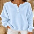 Women's casual long sleeve henley fleece sweatshirt solid color pullover top for daily wear - Sky Blue