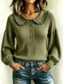 Women's olive green ribbed knit sweater with ruffled collar and lantern sleeves for autumn. - Army Green