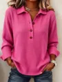 Women casual solid color waffle knit long sleeve polo top with button closure for daily wear. - Rose Red