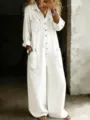 White denim jumpsuit detail, long sleeve lapel wide leg design, casual street style. - S / Set / White