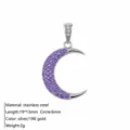 Stainless steel purple cubic zirconia moon pendant 19x13mm fashion jewelry item - Moon Charm Pendant / Silver