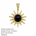 Stainless steel sun pendant with black stone and elegant 18k gold plated finish. - Sun Charm Pendant / Gold