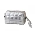Zilveren gewatteerde cosmetische tas, metallic puffer make-up tasje met handige rits. - Zilver