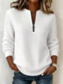 Women's half zip waffle knit sweater long sleeve casual pullover top for autumn winter - S / White
