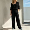Conjunto de loungewear de punto gofrado casual con top de manga larga y pantalón ancho. - XS / Top y Pantalones / Negro