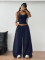 Dark blue crop tank top and wide leg sweatpants set, stylish casual two piece outfit for women. - Dark Blue