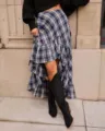 Navy blue plaid ruffled high-low long skirt, vintage asymmetric tiered hem maxi skirt. - XS / Blue