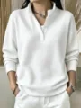 Camiseta Henley de punto gofrado blanco para mujer, parte superior informal de manga larga. - S / Blanco