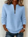 Women casual light blue waffle knit quarter zip long sleeve pullover sweater tops - S / Sky Blue
