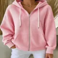 Women casual pink waffle knit hooded zip up cardigan loose long sleeve outerwear everyday wear - Pink