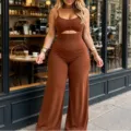 Donna elegante tuta marrone con spalline sottili cut out vita alta e gamba larga casual - Marrone chiaro