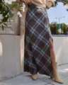 Falda larga con abertura a cuadros vintage para mujer, talle alto, falda maxi, moda de otoño. - XS / Azul