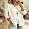 Vista detallada cárdigan punto gofrado mujer, jersey holgado cuello en V manga larga. - S / Blanco